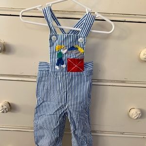 Vintage Blue & White striped Boys Embroidered Horse/ Farm Overalls 0-6 Months